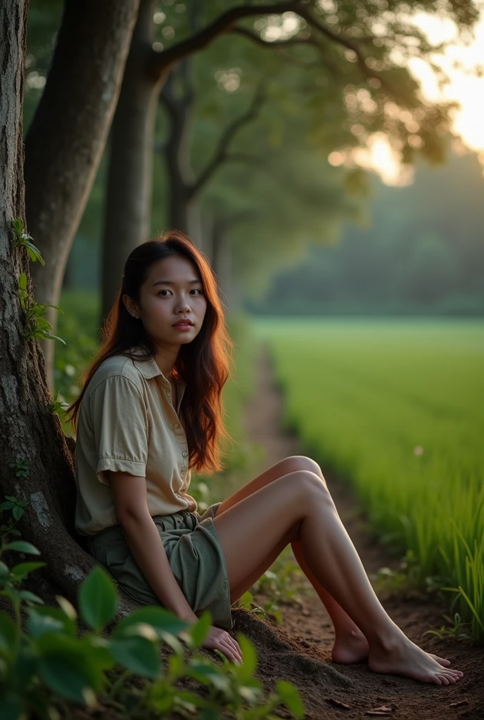 Create a 64k photo of a quiet forest scene at dusk. The forest is bathed in soft, gentle light, with tall ancient trees, whose leaves are shiny emerald green. Low angle portrait of a young woman with a Thai-Cambodian face, looking rustic.((sexly)) White skin, long brown hair, slim figure, sexy, wearing an old farmer's shirt. , Old sarong, No shoes on, she sat gracefully beside a tree, against a backdrop of newly planted rice fields, peaceful in the dusk. The forest was bathed in a soft, gentle light, with tall, ancient trees whose leaves shimmered in emerald green and gold. The paddy fields meandered gently through the forest.
