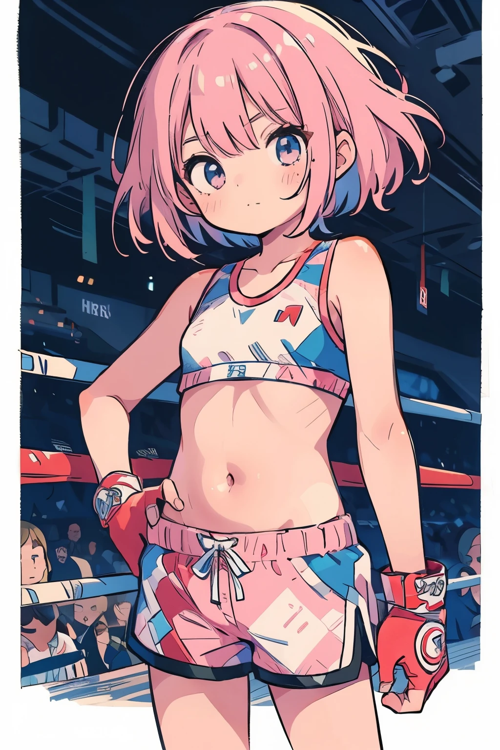 (boxing:1.3)、(Elementary school girl:1.1)、belly button、stomach、cool、Shorts、Shortcuts、Pink Hair、Serious expression、strong、(Closed Mouth:1.1)