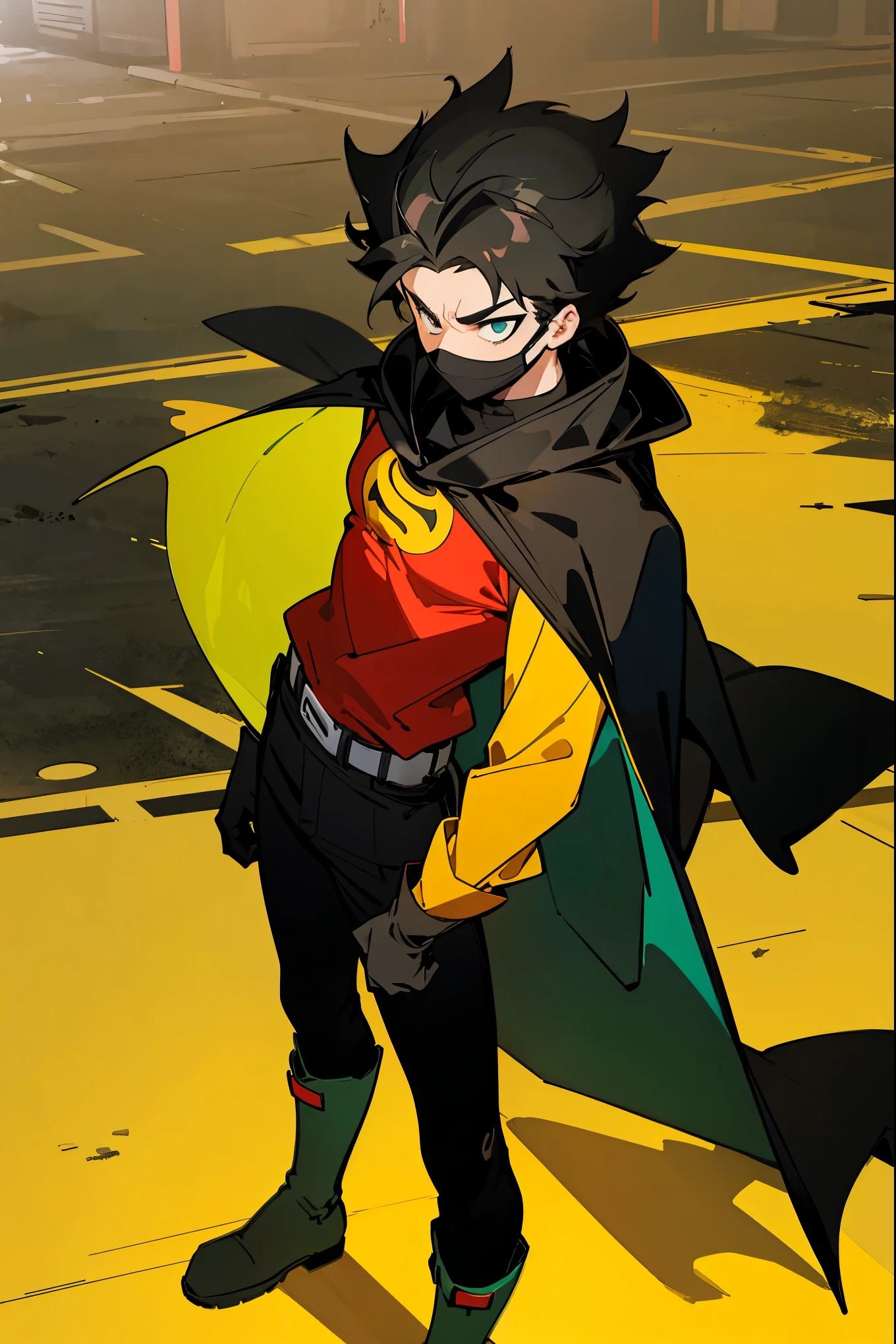 1male , Young Male , Red and Yellow T-Shirt with black fitted long sleeves under , Black Gloves, Green Boots , Robin Symbol on Shirt , Black and Cape , Black Hero mask , Messy Hair , Serious Expression , Standing on sidewalk
