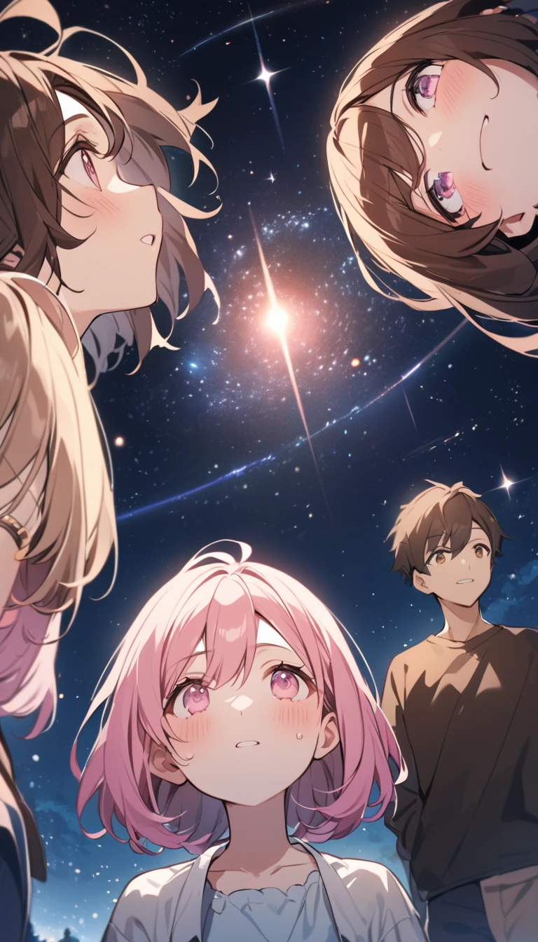good looking, with two friends, 2 women, Medium Hair, Brown Hair, Pink highlights on the tip,Pale pink eyes,Looking up at the starry sky in the park on a summer night,Astronomical Observation,An emotional face