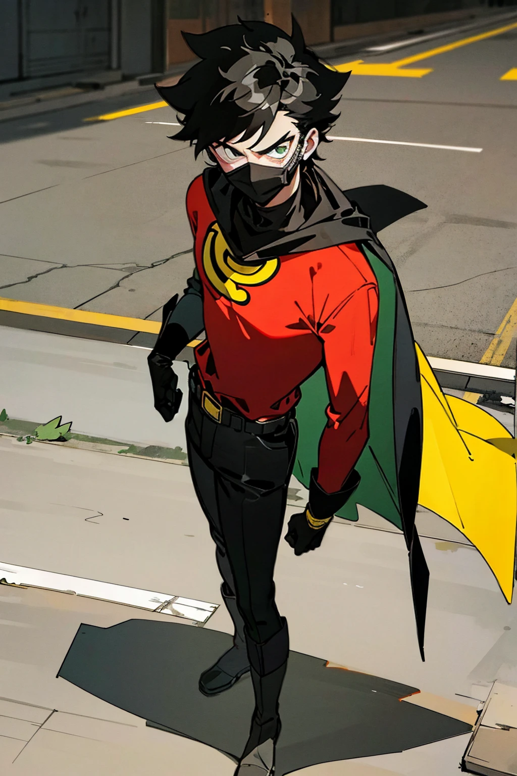 1male , Young Male , Red and Yellow T-Shirt with black fitted long sleeves under , Black Gloves, Green Boots , Robin Symbol on Shirt , Black and Cape , Black Hero mask , Messy Hair , Serious Expression , Standing on sidewalk
