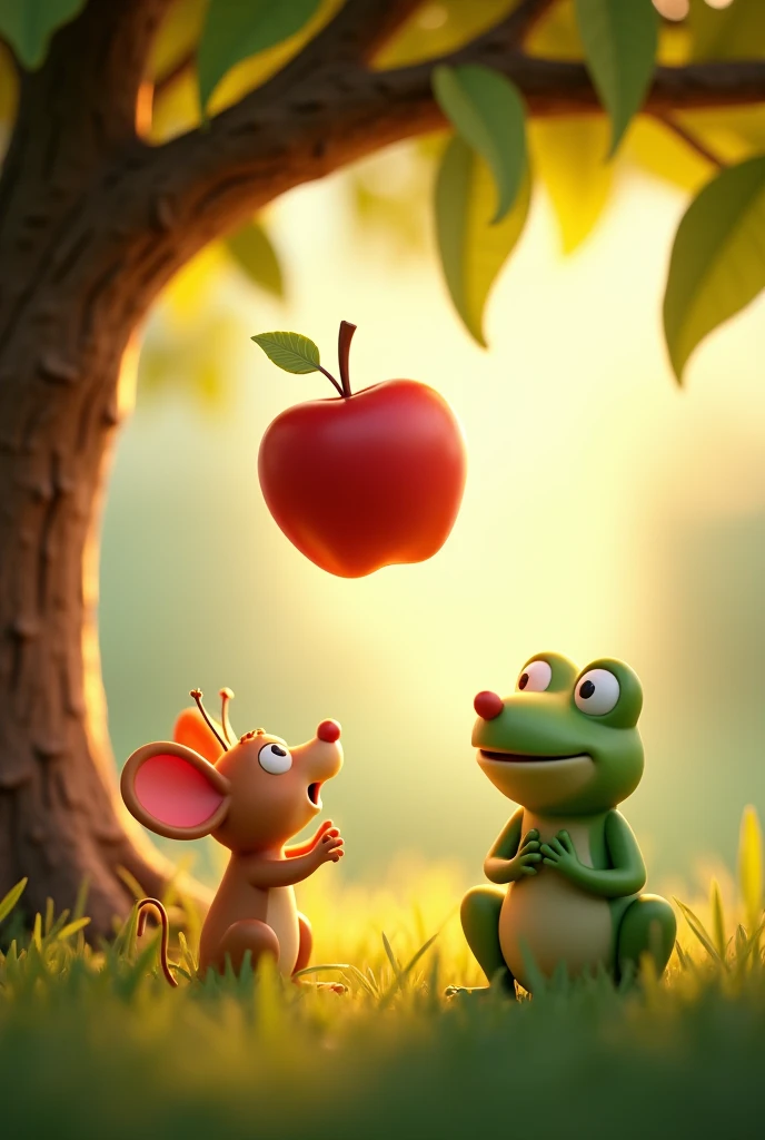 The apple falling from the tree, mid-air, as all the friends—the mouse, the butterfly, and the frog—look up in excitement, with the sun casting a warm golden glow over the scene, um personagem animado, Caractere estilizado, animation style rendering, 3D estilizado, Arnold Maya render, 3 d render stylized, toon render keyshot, Personagem 3D, Personagem 3D, 3d rendering stylized, 3d character render, personagem de desenho animado, Personagem