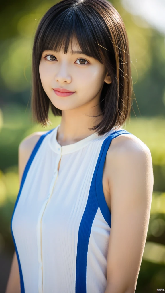 (8k, RAW Photos, Highest quality, masterpiece:1.2), Super detailed, Super Resolution, (Realistic, Realistic Photo:1.37), Portraiture, High-definition RAW color photos, Professional photos, Very detailed and beautiful, Very detailed, 8k wallpaper, Wonderful!、Detailed, Large file size, Official Art, highly detailed CG unity 8k wallpaper, Very detailed美Shii女の子, Very detailed顔, Very detailed目, Very detailed肌, Very elaborate fingers, Very detailed鼻, Very detailedDetailed口 , Perfect Anatomy, Very detailed背景, Very fine clothing, One girl, 16 years old,cute girl, Realistic body, Fair skin, Glowing Skin , The body is slim, Handsome body, Black Hair , short hair, (Blunt bangs:1.2), smile, cute, like々Shii, cute face, Realistic Face, Delicate eyes, Droopy eyes, View your viewers, Look forward, Standing posture, Opposition, Dynamic Lighting, ((Face close-up)), (Mid-chest), (Perfect Body Proportions),
