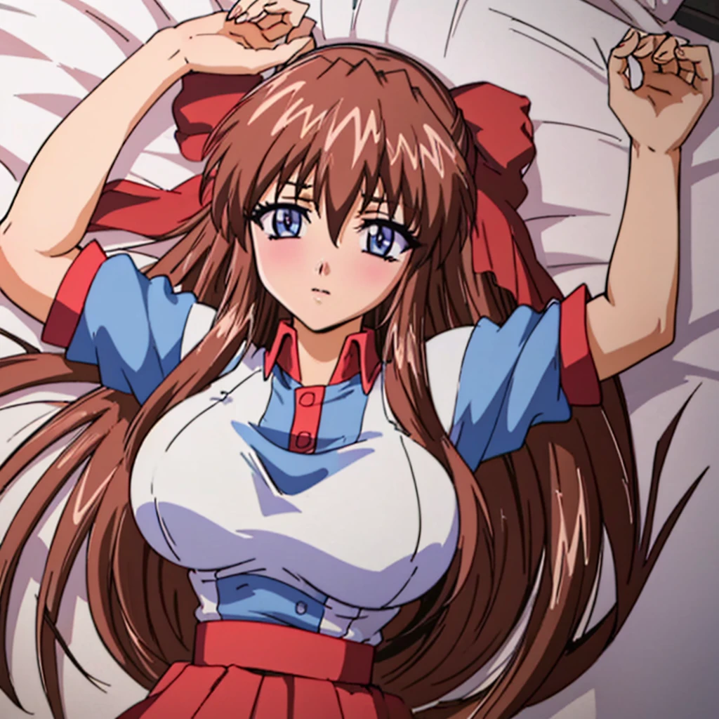 (Anime artwork, Anime Style, Studio Anime, Very detailed, up to date, Vibrant, Anime Coloring Book, High Contrast, masterpiece:1.2, Highest quality, Best aesthetics), (Beautiful and detailed eyes:1.2), Aoi Tennis, 1 girl, Hair Ribbon, Tennis uniform, Polo shirt, Raglan sleeves, Pleated skirt, Red Skirt, blush, Lips parted, liar, On the bed, Lie down with your arms up, Pink Good, From above, Skirt Lift, No pants,White knee socks,Asymmetrical bangs, Perfect Proportions, Skin with attention to detail, cute, Detailed face,