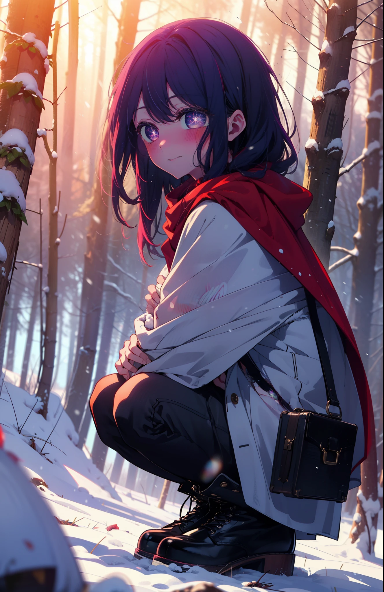 aihoshino, Ai Hoshino, Long Hair, bangs, (Purple eyes:1.1), Purple Hair, (Symbol-shaped pupil:1.5), smile,,smile,blush,white breath,
Open your mouth,snow,Ground bonfire, Outdoor, boots, snowing, From the side, wood, suitcase, Cape, Blurred, , forest, White handbag, nature, Squat, Mouth closed, Cape, winter, Written boundary depth, Black shoes, red Cape break looking at viewer, Upper Body, whole body, break Outdoor, forest, nature, break (masterpiece:1.2), Highest quality, High resolution, unity 8k wallpaper, (shape:0.8), (Beautiful and beautiful eyes:1.6), Highly detailed face, Perfect lighting, Highly detailed CG, (Perfect hands, Perfect Anatomy),