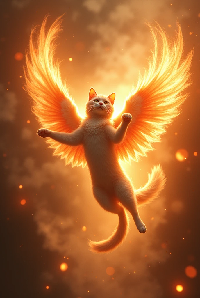 A cat in a flying pose with a phoenix aura