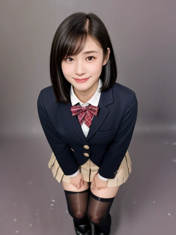 (kawaii 18 year-old Japanese girl is sitting on chair, Nogizaka idol, Korean idol), healthy female athlete body, (glossy black hair, short hair, pixie cut, bangs:1.3), (rounded face, pure black eyes, single eyelid, no makeup, splashing smile:1.2), (wearing Japanese school uniforms, blazer jacket, collared shirt, bow tie:1.3), extra small breasts, (plaid skirt, bare thighs:1.2), socks, loafers, BREAK, (simple grey background:1.3), (view from above, cowboy shot, thigh focus:1.2), BREAK, (masterpiece, best quality, photo realistic, official art:1.4), (UHD, 8K quality wallpaper, high resolution, raw photo, golden ratio:1.3), (shiny skin), professional lighting, physically based rendering, award winning, (highly detailed skin, extremely detailed face and eyes, anatomically correct body), Carl Zeiss 85 mm F/1.4, depth of field, 1girl, solo,