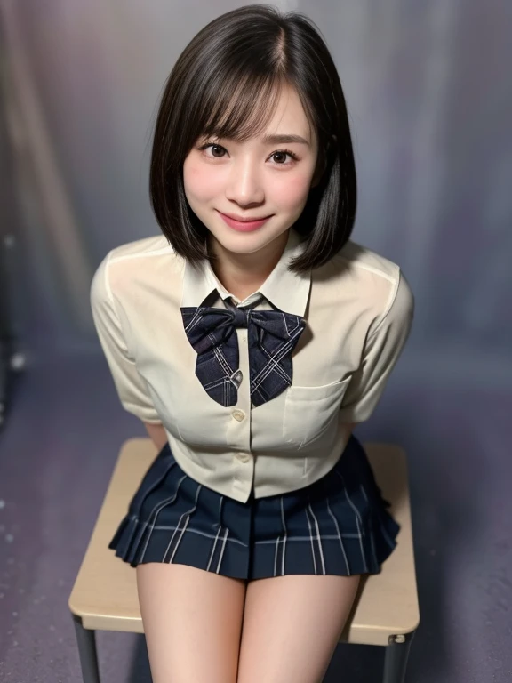 (kawaii 18 year-old Japanese girl is sitting on chair, Nogizaka idol, Korean idol), healthy female athlete body, (glossy black hair, short hair, pixie cut, bangs:1.3), (rounded face, pure black eyes, single eyelid, no makeup, splashing smile:1.2), (wearing Japanese school uniforms, blazer jacket, collared shirt, bow tie:1.3), extra small breasts, (plaid skirt, bare thighs:1.2), socks, loafers, BREAK, (simple grey background:1.3), (view from above, cowboy shot, thigh focus:1.2), BREAK, (masterpiece, best quality, photo realistic, official art:1.4), (UHD, 8K quality wallpaper, high resolution, raw photo, golden ratio:1.3), (shiny skin), professional lighting, physically based rendering, award winning, (highly detailed skin, extremely detailed face and eyes, anatomically correct body), Carl Zeiss 85 mm F/1.4, depth of field, 1girl, solo,