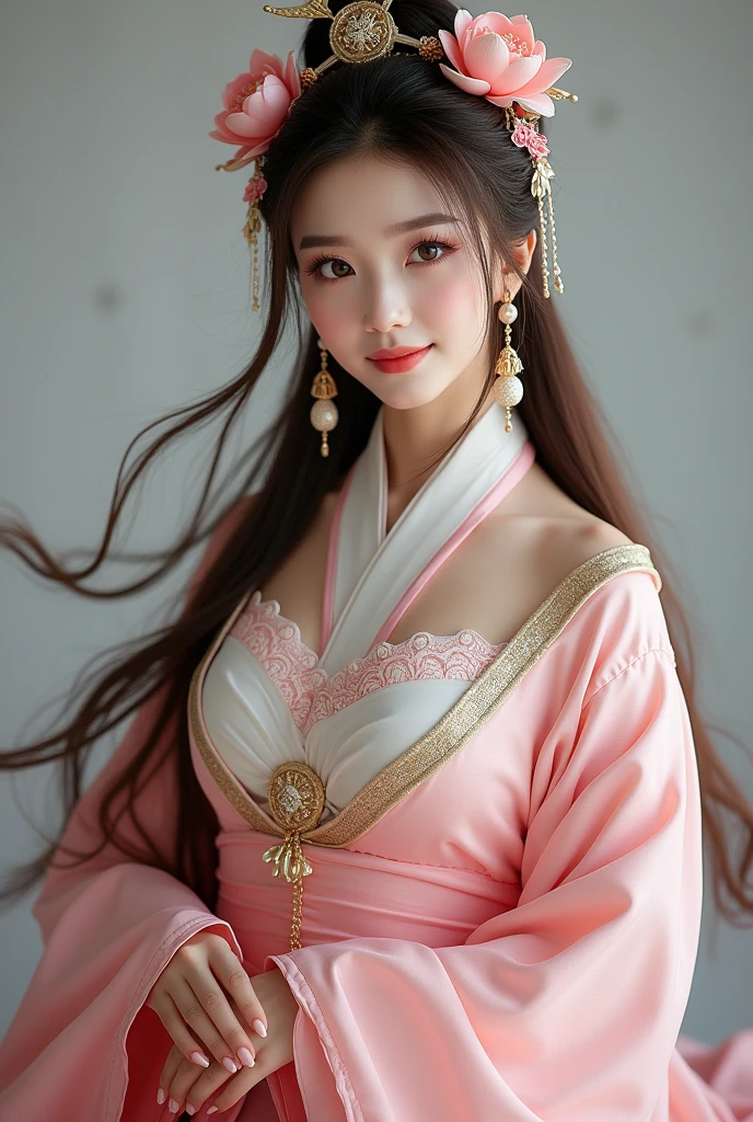 Photo of a attractive woman in diaochan cosplay costume, Kings Impact Diao Chan Cosplay Costume, moderately large breasts, lotus detail, crown with accessories and flowers, hair stick, luxury, aristocracy, royalty, (delicate, gentle pose), pose for photo, (((beautiful eyes))), meticulous makeup, curled eyelashes, ((looking at viewer)), light smile, no background, professional photographer studio lighting, (cosplay character game), ((((((full body))))), (((wide angle))), three of kingdoms, diaochan, the wind makes the hair fly, (((the brown hair is thick, long and fluttering))), ((photo-realistic skin with visible pores and blemishes)), masterpiece, best quality, 8k, (raw photo:1.2),((photorealistic:1.4)), ultra-detailed, highres, extremely detailed