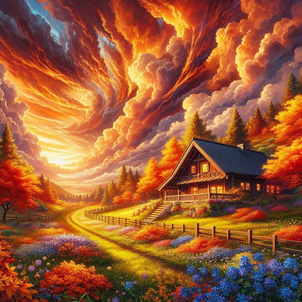 - A quaint house with a blue roof stands in a vast, extremely detailed lush green meadow under a massive, dramatic blue sky filled with billowing dynamic clouds illuminated by golden sunlight. A large, leafy tree is situated to the right of the house, casting a shadow on the grass sprinkled with white flowers. The tree leaves are extremely detailed. Birds can be seen flying near the top of the image. The Image is bright and very colourful. 4k, anime, crystal clear