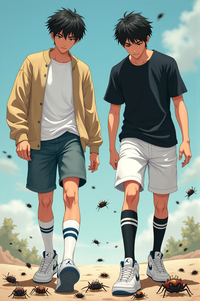 2 handsome asian male teenagers with tall and slim bodies and black hair. 1st asian wears a white t shirt with a beige cardigan, long white socks with 2 blue stripes on it, and white air force ones. 2nd wears a black t shirt, white shorts, long black socks with 2 white stripes, and air jordans. Both are stomping and crushing bugs