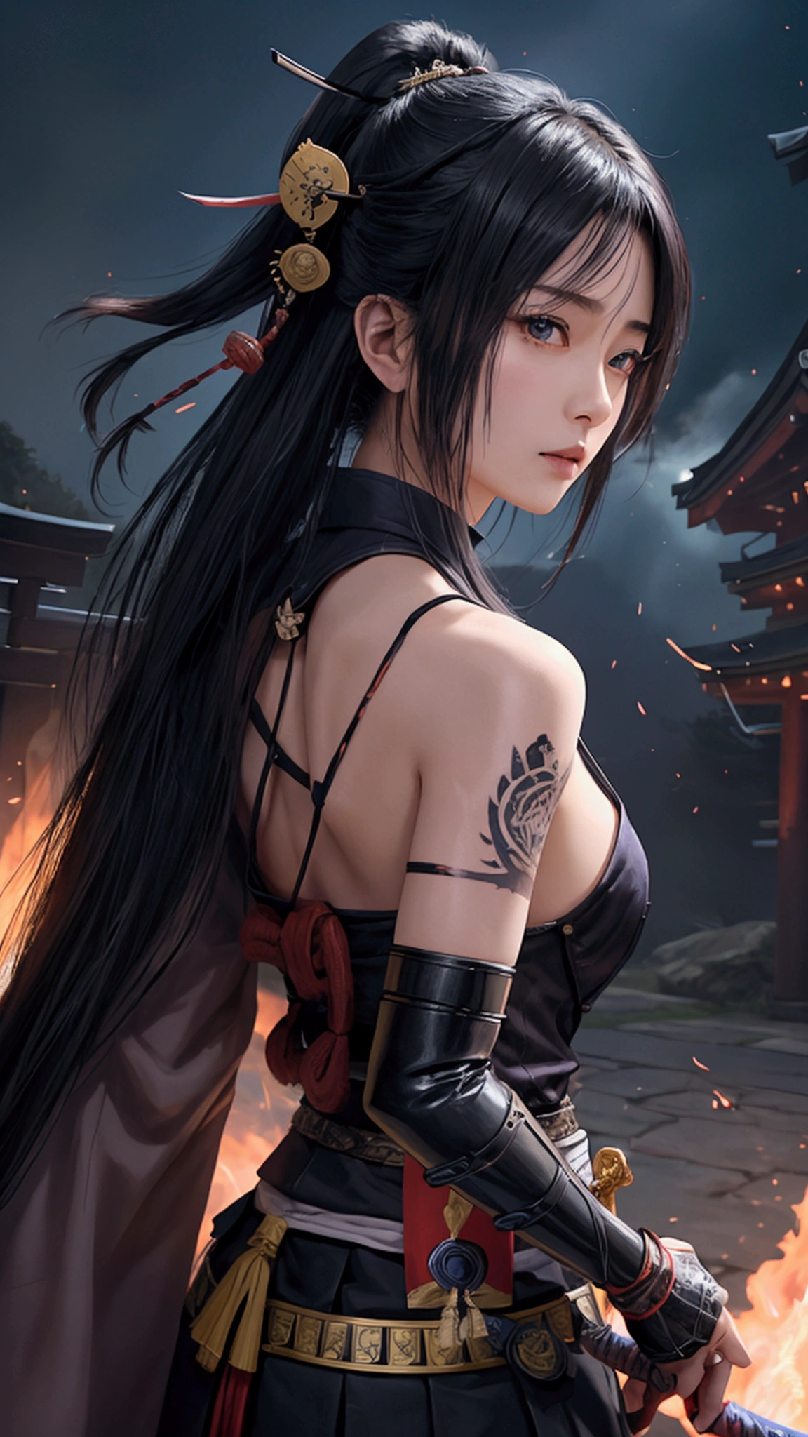 (Japanese sword &reference;Muramasa 2&reference;.2)Beautiful 27 year old woman、Japanese women、Tie your hair back、Hair ornament artist、Shinobi Costume、Warrior、Clear Eyes、{Arm tattoo(SakuraFubuki}'Back Tattoo、Warrior、(Japanese swordを両手で構える、1.3)(Japanese sword1.2)Intermediate position、In front of the body、(Hold the sword horizontally 1.3)、whole body、Long Blade Sword、Realistic battle scenes、敵Warriorの返りBlood、Blood、High resolution、Highest quality、Very detailed、8k、background、The castle is burning、Sparks fly、