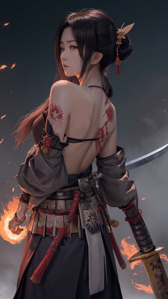(Japanese sword &reference;Muramasa 2&reference;.2)Beautiful 27 year old woman、Japanese women、Tie your hair back、Hair ornament artist、Shinobi Costume、Warrior、Clear Eyes、{Arm tattoo(SakuraFubuki}&#39;Back Tattoo、Warrior、(Japanese swordを両手で構える、1.3)(Japanese sword1.2)Intermediate position、In front of the body、(Hold the sword horizontally 1.3)、whole body、Long Blade Sword、Realistic battle scenes、敵Warriorの返りBlood、Blood、High resolution、Highest quality、Very detailed、8k、background、The castle is burning、Sparks fly、