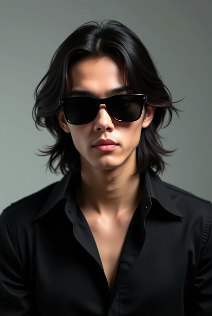 A smart young men, with long hair,  with black shirt, with sunglass,