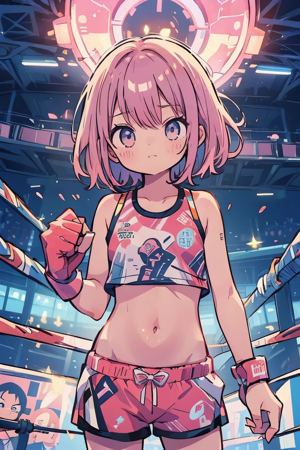 (boxing:1.3)、(Elementary school girl:1.1)、belly button、stomach、cool、Shorts、Shortcuts、Pink Hair、Serious expression、strong、(Closed Mouth:1.1)