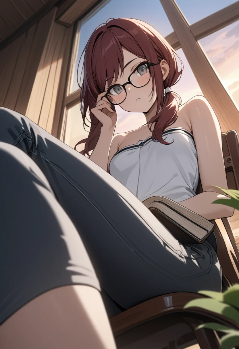 (masterpiece, best quality), stoic, adjusting glasses, holding book, beautiful face, upper body, close up, Gray eyes, dark red hair, swept bangs, low twin tails, white ribbons, glasses, strapless gray shirt with white trim, black jeans, small breasts, sitting with legs crossed, hand on face, from below, chair, wooden walls, window, potted plants, dusk,
