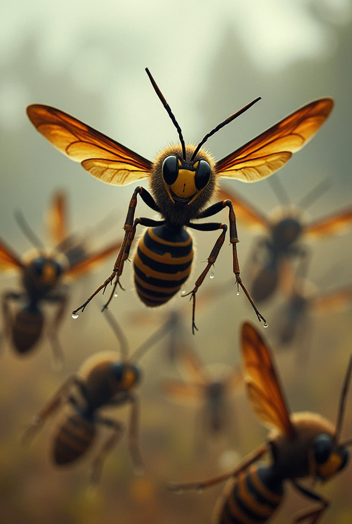 Wasps are chasing each other and stinging.