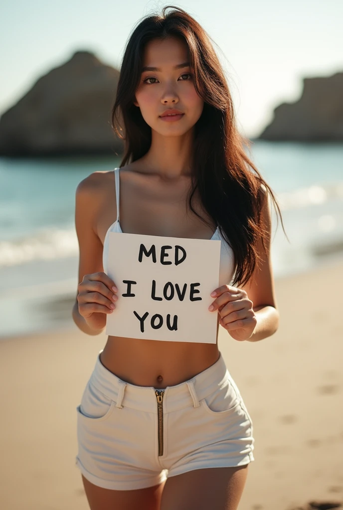 A y 22 year old Asian woman, with long dark brown hair that hangs down her chest, poses against the backdrop of the beach and large rocks, her double eyelids adding depth to her alluring gaze. The soft morning light casts a warm glow on her pale skin, highlighting her slender yet curvy curves. Standing in a fitness center. She is wearing a white bralette and high-waisted shorts, unbuttoned, and ((shorts unzipped)), showing off her moderate chest and clehe is holding a sign that says "MED I LOVE YOU"