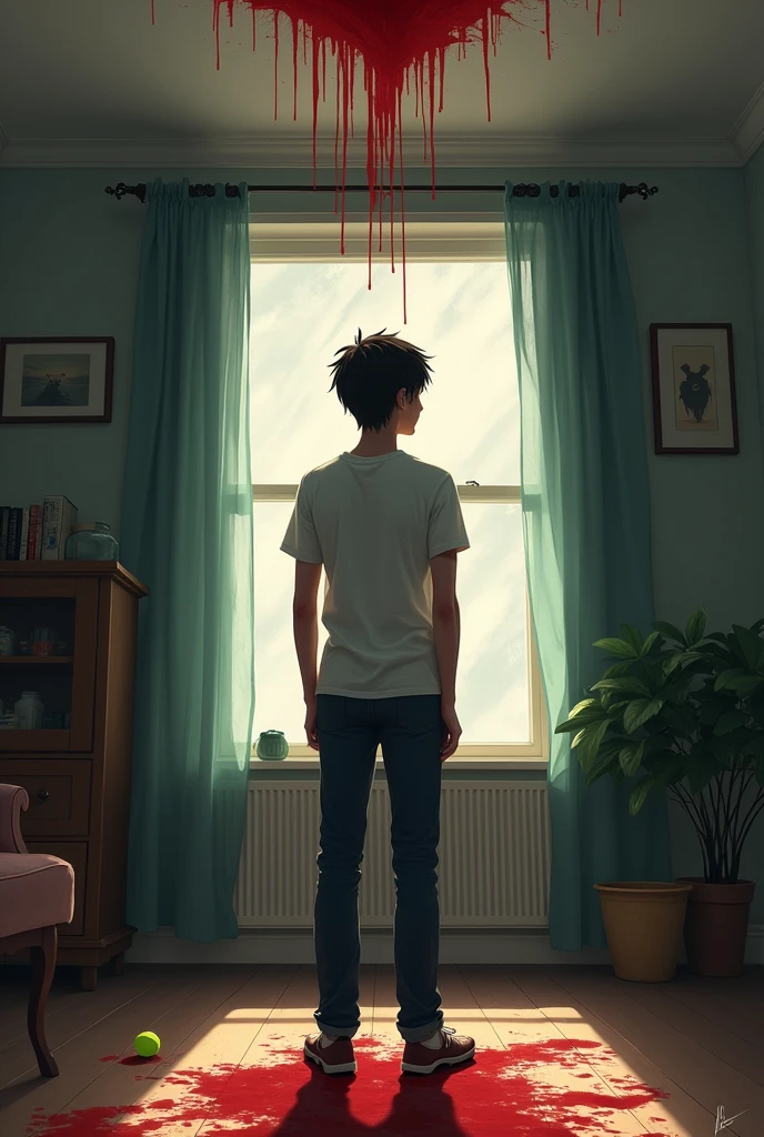 A 17 year boy wearing white tshirt and standing in his drawing room. Look up to the roof blood drops falling from the roof on his tshirt.. a tennis ball laying on the floor