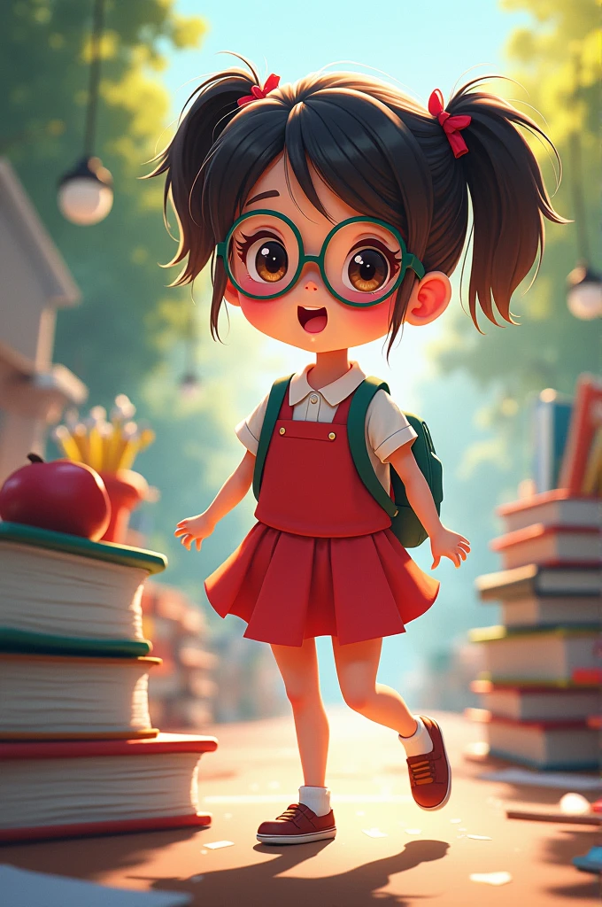 A school girl with pigtails and glasses