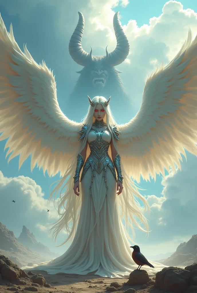 A beautiful girl standing in a vast, otherworldly landscape, her long, flowing hair and fierce red eyes commanding attention. She wears intricate armor and has a pair of massive, angelic wings sprouting from her back, towering over a small bird perched on a distant scale. Clouds swirl in the sky above, and towering horns rise from the horizon, hinting at the presence of a colossal, monstrous entity. The scene is one of awe-inspiring scale and power, captured in the highest quality, with a dreamlike, ethereal quality to the lighting and colors.
(best quality,4k,8k,highres,masterpiece:1.2),ultra-detailed,(realistic,photorealistic,photo-realistic:1.37),extremely detailed eyes and face,longeyelashes,1girl,beautiful girl,detailed armor,huge wings,angelic,red eyes,sharp teeth,long white hair,bird,outdoor,standing,scale,clouds,horns,backlit,armor,heaven,open mouth,monster,size difference,construction