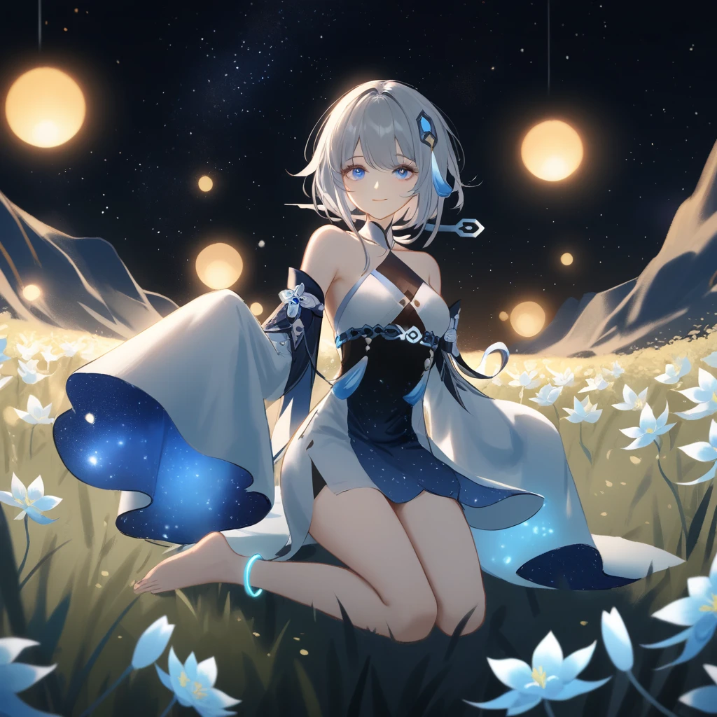 1girl, guizhong_\(genshin_impact\),light grey hair,short_hair_with_long_locks,starry_sky_print,detached_sleeves, long sleeves_past_fingers,hanfu,illustrated by matsuryuu and agahari and dsmile,pale blue eyes,stunning field of softly glowing blue and white glaze lilies,night scene,gentle smile,moonlight,glossy lips,vivid anime coloring,cel shading,smooth, soft dreamy focus,anklet,halter_top,white clothes,highly detailed,digital painting,field of flowers,bare_shoulders,wlop,barefoot,cool night tones, magical night scene,masterpiece, best quality, film, bokeh, professional, 4k, highly detailed,fireflies,Guardian nebula of rainbow light and silvery vapor,