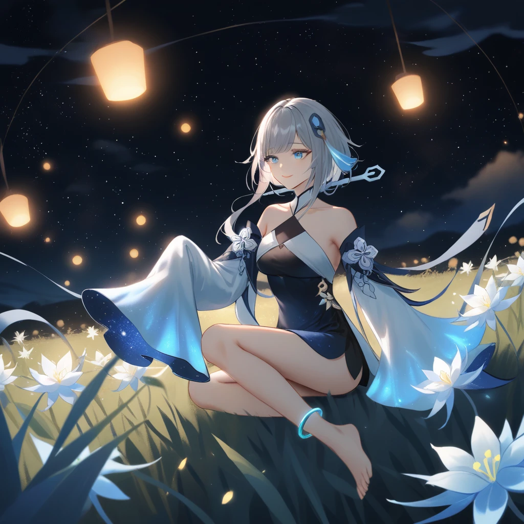 1girl, guizhong_\(genshin_impact\),light grey hair,short_hair_with_long_locks,starry_sky_print,detached_sleeves, long sleeves_past_fingers,hanfu,illustrated by matsuryuu and agahari and dsmile,pale blue eyes,stunning field of softly glowing blue and white glaze lilies,night scene,gentle smile,moonlight,glossy lips,vivid anime coloring,cel shading,smooth, soft dreamy focus,anklet,halter_top,white clothes,highly detailed,digital painting,field of flowers,bare_shoulders,wlop,barefoot,cool night tones, magical night scene,masterpiece, best quality, film, bokeh, professional, 4k, highly detailed,fireflies,Guardian nebula of rainbow light and silvery vapor,