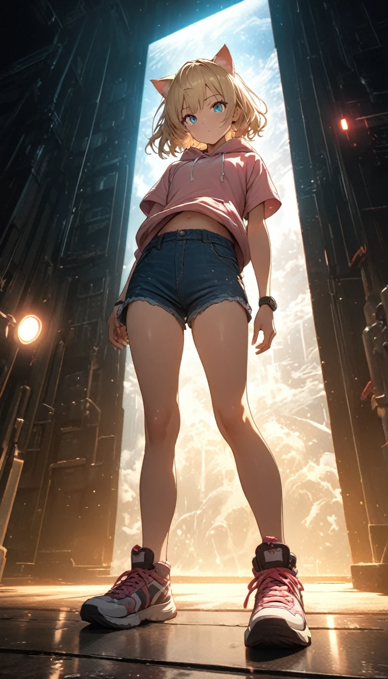 Blonde Hair、Short Mash Hair、Cat ears of the same color as the hair、Plain pink short sleeve hoodie、Short denim shorts、Belly button、sneakers、Turquoise Eyes、Flat Chest、Pure white background,Depth of written boundary,Low angle view,Calf Level View,Overclocked Renderer,Cinema Lighting,Ultra-fine,Very detailed,complicated,Cinematic Perspective,CG Art,