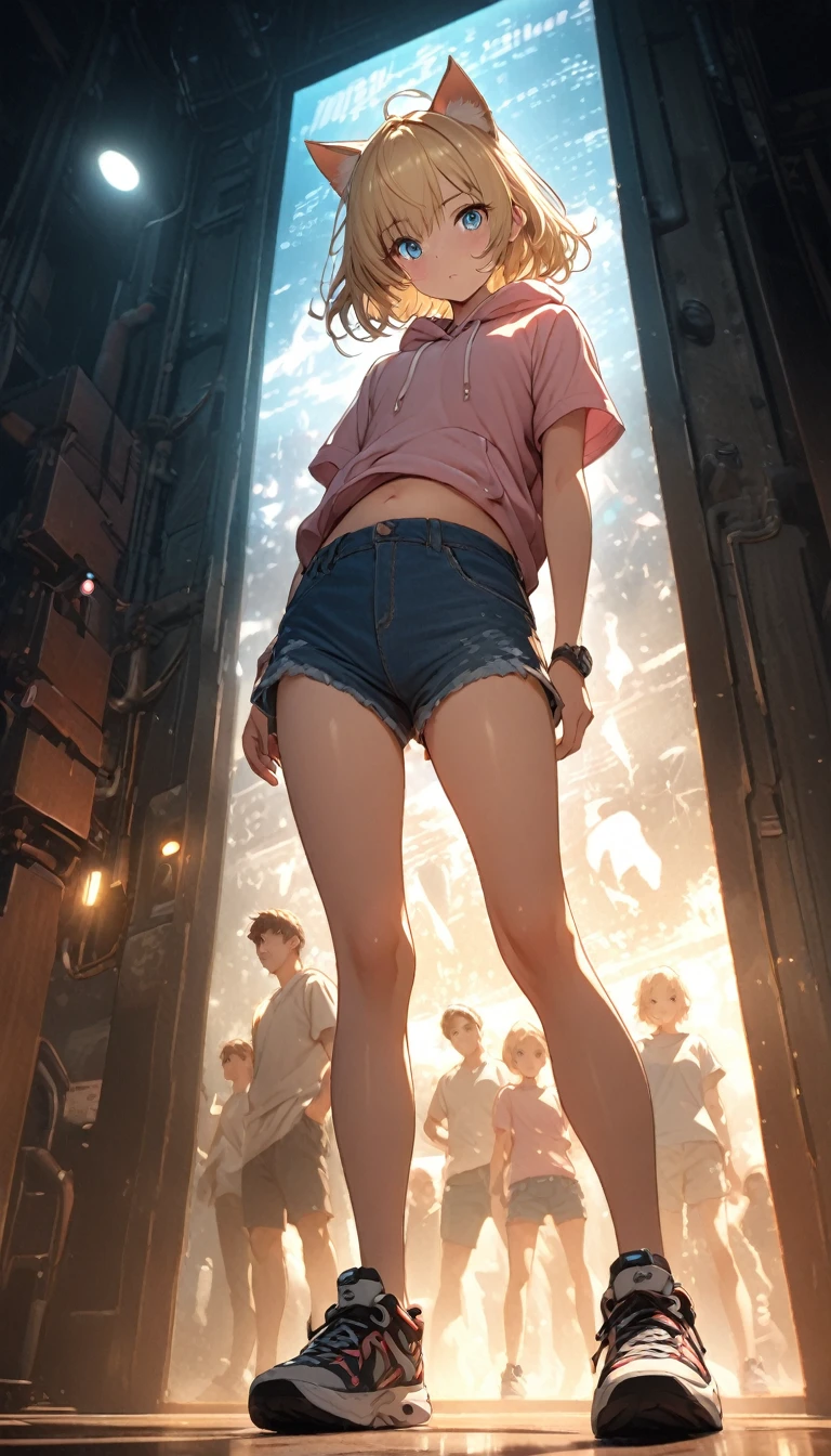 Blonde Hair、Short Mash Hair、Cat ears of the same color as the hair、Plain pink short sleeve hoodie、Short denim shorts、Belly button、sneakers、Turquoise Eyes、Flat Chest、Pure white background，Depth of written boundary，Low angle view，Calf Level View，Overclocked Renderer，Cinema Lighting，Ultra-fine，Very detailed，complicated，Cinematic Perspective，CG Art，