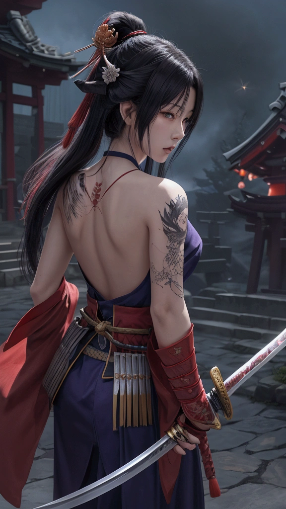 (Japanese sword &reference;Muramasa 2&reference;.2)Beautiful 27 year old woman、Japanese women、Tie your hair back、Hair ornament artist、Shinobi Costume、Warrior、Clear Eyes、{Arm tattoo(SakuraFubuki}&#39;Back Tattoo、Warrior、(Japanese swordを両手で構える、1.3)(Japanese sword1.2)Intermediate position、In front of the body、(Hold the sword horizontally 1.3)、whole body、Long Blade Sword、Realistic battle scenes、敵Warriorの返りBlood、Blood、High resolution、Highest quality、Very detailed、8k、background、The castle is burning、Sparks fly、