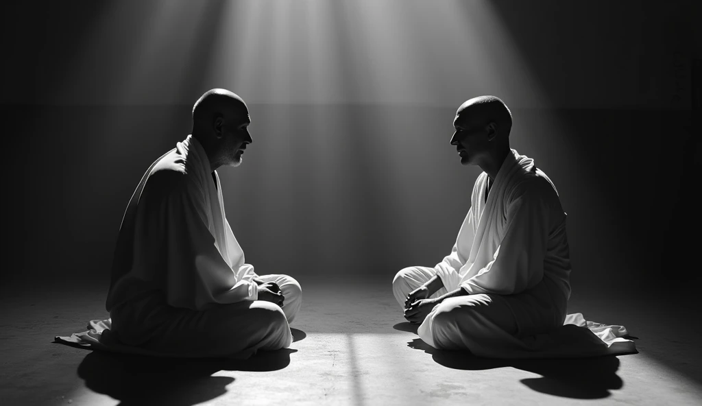 Charles Freer Andrews is engaged in a serious discussion with Mahatma Gandhi in a dimly lit room. Gandhi is seated cross-legged on the floor in his simple white dhoti, while Andrews, in his British attire, sits across from him. The atmosphere is tense but hopeful, with rays of light faintly breaking through, symbolizing their shared struggle for justice. The image is in a dark, black-and-white style, emphasizing the gravity of their mission."