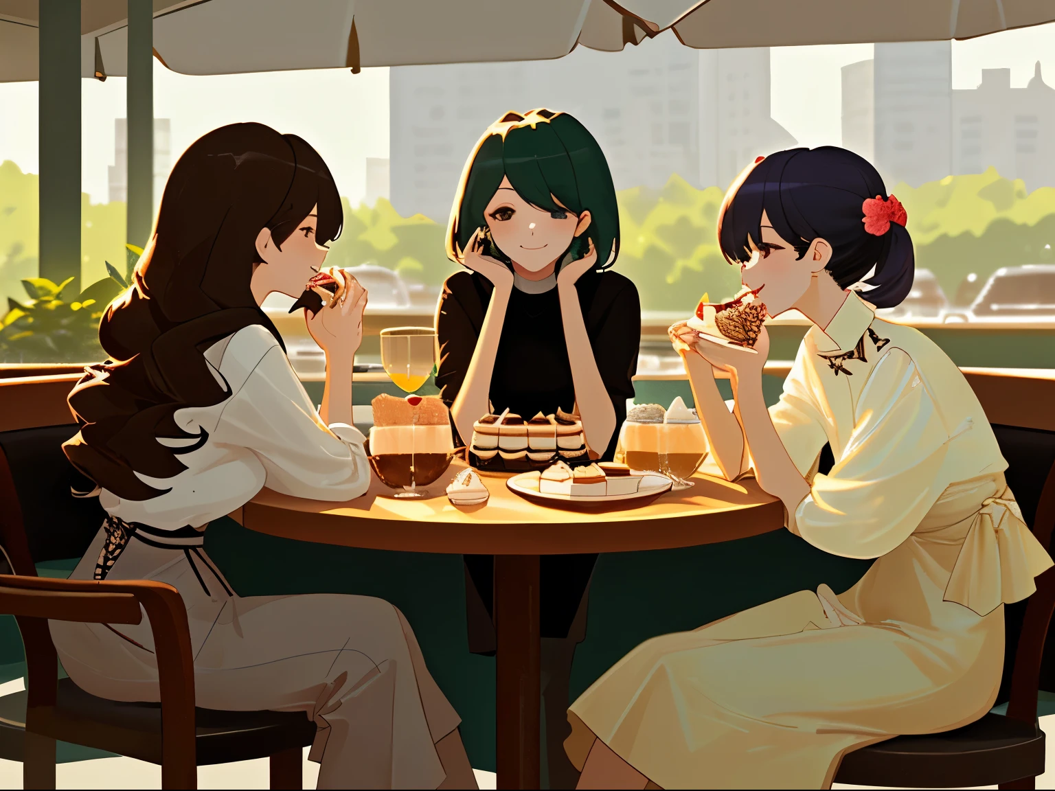 masterpiece, 3 girls, different hairstyles, beautiful faces, wearing fashion casualwear, sitting around the table, at the cafe, enjoy sharing eat bingsu, best quality, flowers on the background, shinning bright lighting, desserts and drinks on the table