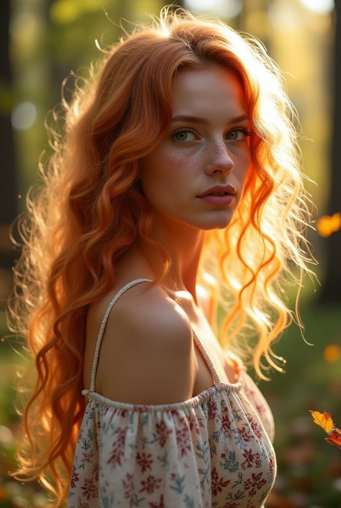 Bright, strawberry blonde-haired, with freckles. The sun, the autumn forest, fantastic beauty. Curls. wearing a boho summer dress Ultra-detailed dreamlike, photography 8K resolution image, translucent and ethereal.