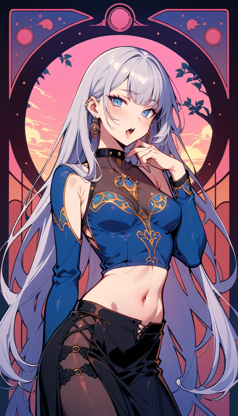 ((best quality)) , ((masterpiece)) , (detailed),1girl, solo, long hair, looking at viewer, open mouth, bangs, blue eyes, skirt, simple background, shirt, navel, jewelry, grey hair, earrings, teeth, collar, fangs, piercing, pink background, blue shirt,((art nouveau style , decorative, curvilinear forms, nature-inspired, detailed))