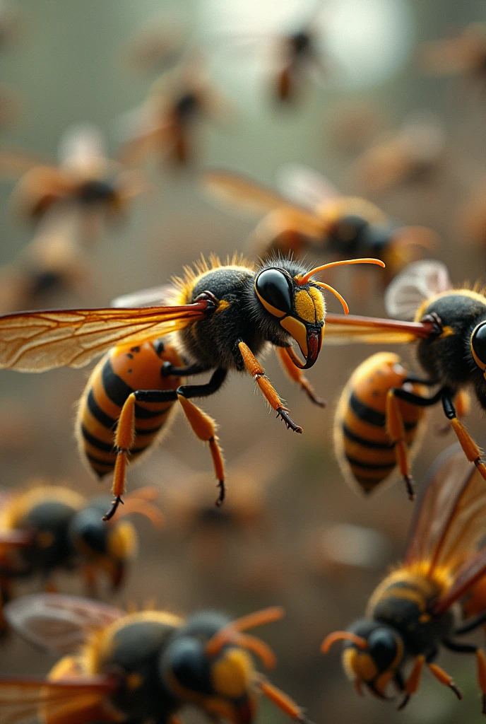 Wasps are chasing each other and stinging.