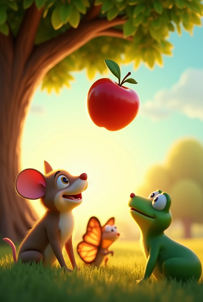 The apple falling from the tree, mid-air, as all the friends—the mouse, the butterfly, and the frog—look up in excitement, with the sun casting a warm golden glow over the scene, um personagem animado, Caractere estilizado, animation style rendering, 3D estilizado, Arnold Maya render, 3 d render stylized, toon render keyshot, Personagem 3D, Personagem 3D, 3d rendering stylized, 3d character render, personagem de desenho animado, Personagem