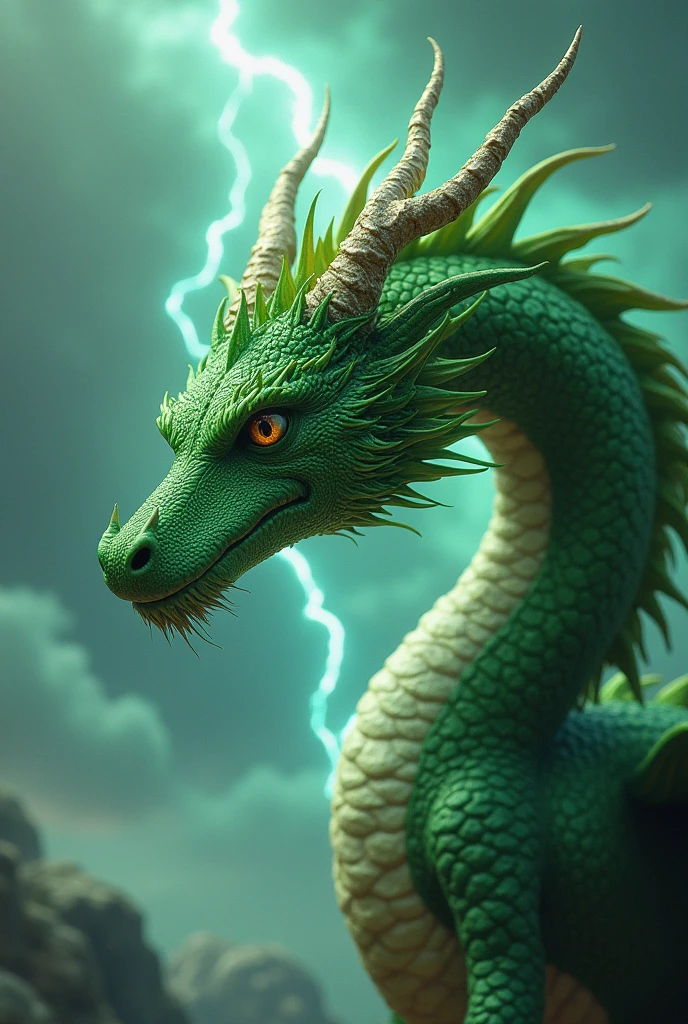 A green dragon,No wings,hovering sky,Lightning,(entangled lightning:1.2),(Hyper Real,hyper-detailing,high qulity,hyper HD,tmasterpiece:1.3)