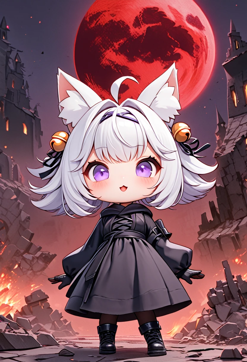 master piece, best quality, ultra-detailed, illustration, midnight, battlefield, gloomy atmosphere, broken castle, broken walls, ruins, purple flames, red moon, 1girl, solo, chibi, (big head), cute pose, front view, looking at viewer, ((full body Close up)), chubby, fat, filian, filianoverall, Filiansailor, ((white hair)) , short hair, shoulder length hair, fly-away hair, bangs, hairclip, purple hair ornament, cat ears, (hair bell:1.3) ahoge, purple eyes, open mouth, smiling, (white fluffy fox tail), (black tattered robe), long gown, black arm sleeves, black gloves, holding purple flame, black stockings, black boots