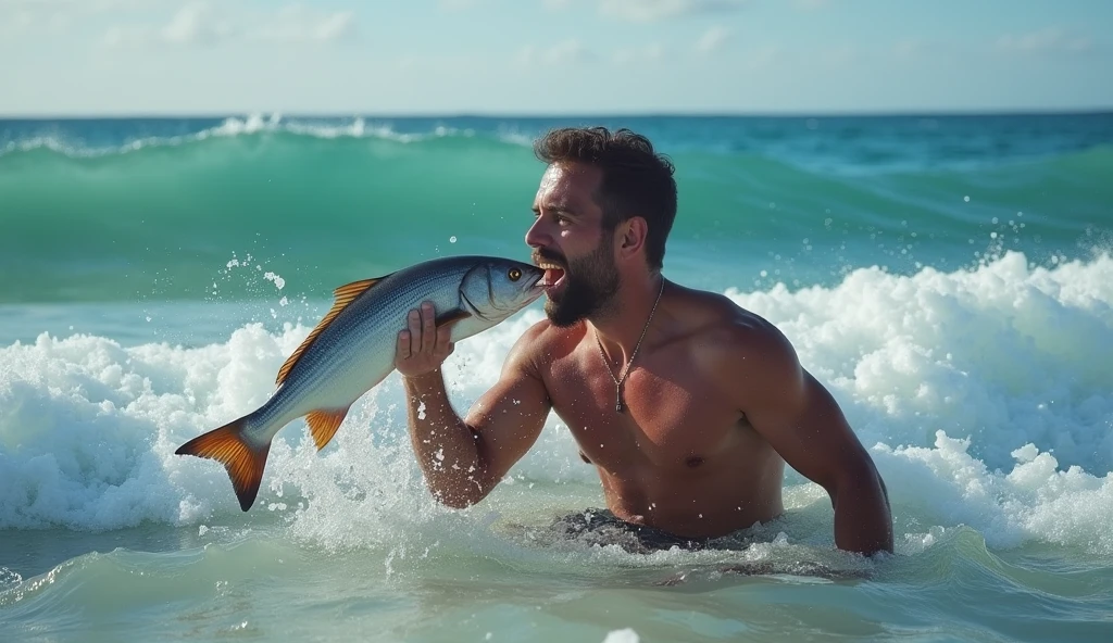 Man eating raw fish in ocean dangerous waves