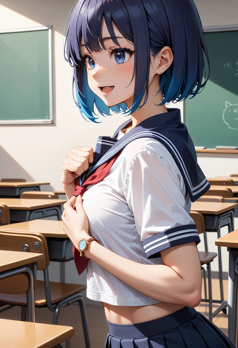 (masterpiece, best quality:1.2), 1girl, solo,(ＪＫ, , Sailor suit, Pleated skirt, Striped pants)
, catria,kawaii,mature_female,(navyblue Hair:1.5),Short Hair,Bob,blue eyes,Thin Waist,Small,Toned,small breasts,short stature,classroom,(animated:1.5),(:D:1.5)