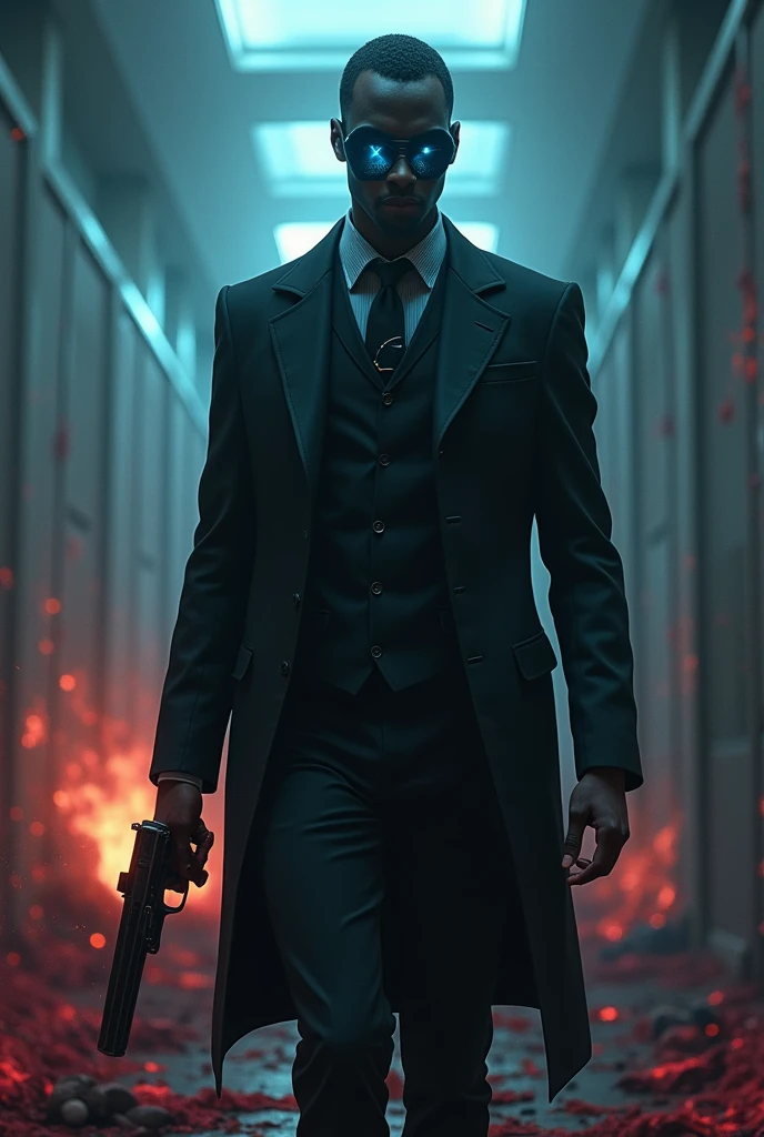 A ( cool handsome black colour mask man , black suit , Magical glowing blue eyes enter with bomb blast in secret spy agency 
He killed everyone there secret spy agency floor completely filled with blood and dead bodies 