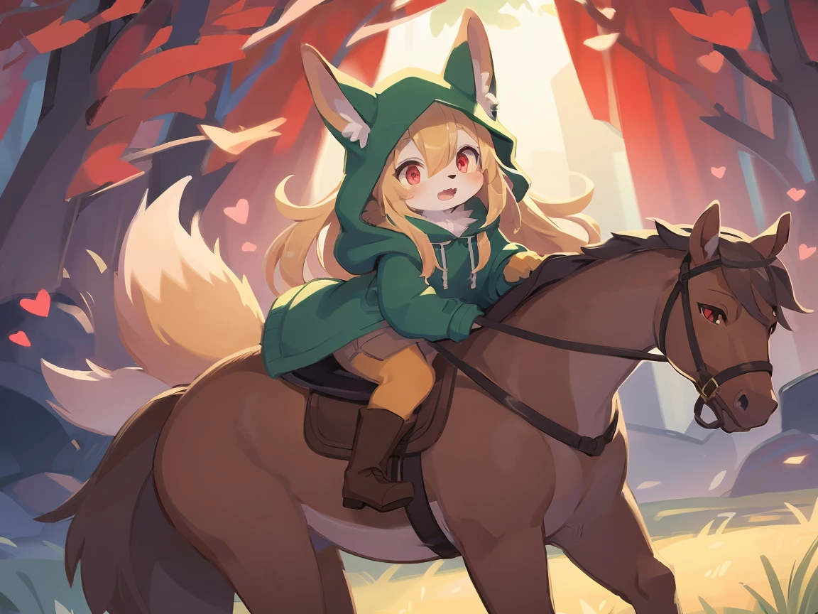 loli the fox, was hairy, shaggy, skin fur, smooth lashes, golden fur, forelimb hands, straight long blonde hair, solid circle eyes, golden ears, golden fur, golden facial fur, shiny hair, red eyes, heart-shaped eyes, super cute face, 1fox tail, fluffy tail, furry tail, glowing eyes, green coat green hood down, brown trousers, riding horse, open mouth, embarrassed, ultra-fine fur, dashed eyes, full body, masterpiece, pixiv, high quality, high-details, best quality, (((solo))), twilight, sun light, red sky, rim light