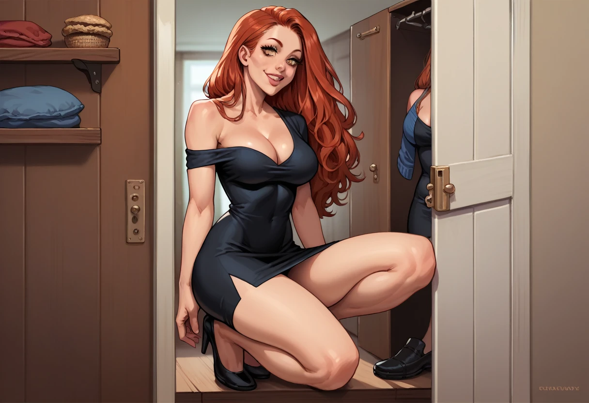 (1 girl, solo, (sexy posing) ), (girl is (redhead long hair), perfect body, detailed olive eyes, (black slit skirt, one shoulder mini dress, cleavage), she's happy), (background closet interior, full of women's dresses and shoes)