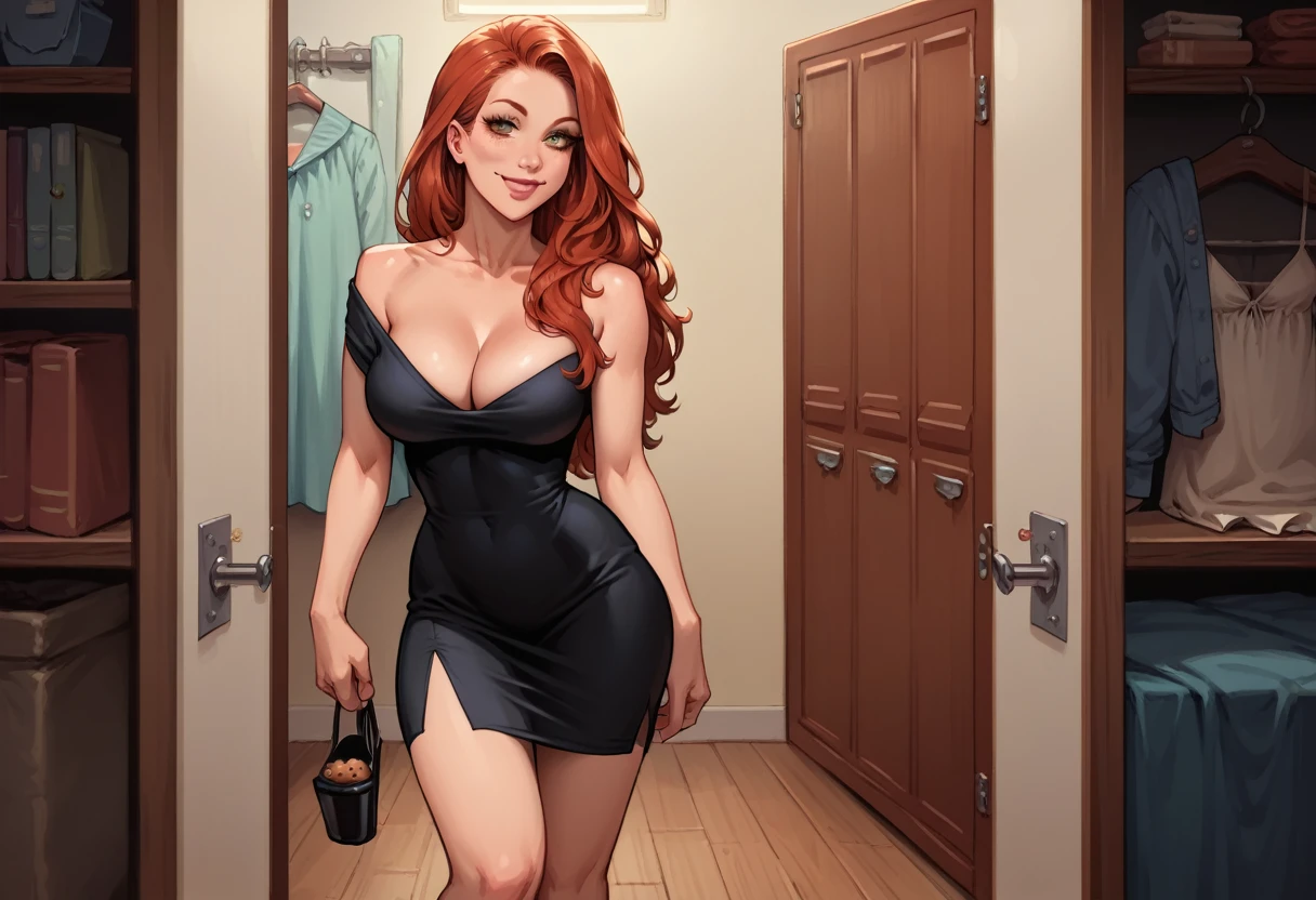 (1 girl, solo, (sexy posing) ), (girl is (redhead long hair), perfect body, detailed olive eyes, (black slit skirt, one shoulder mini dress, cleavage), she's happy), (background closet interior, full of women's dresses and shoes)