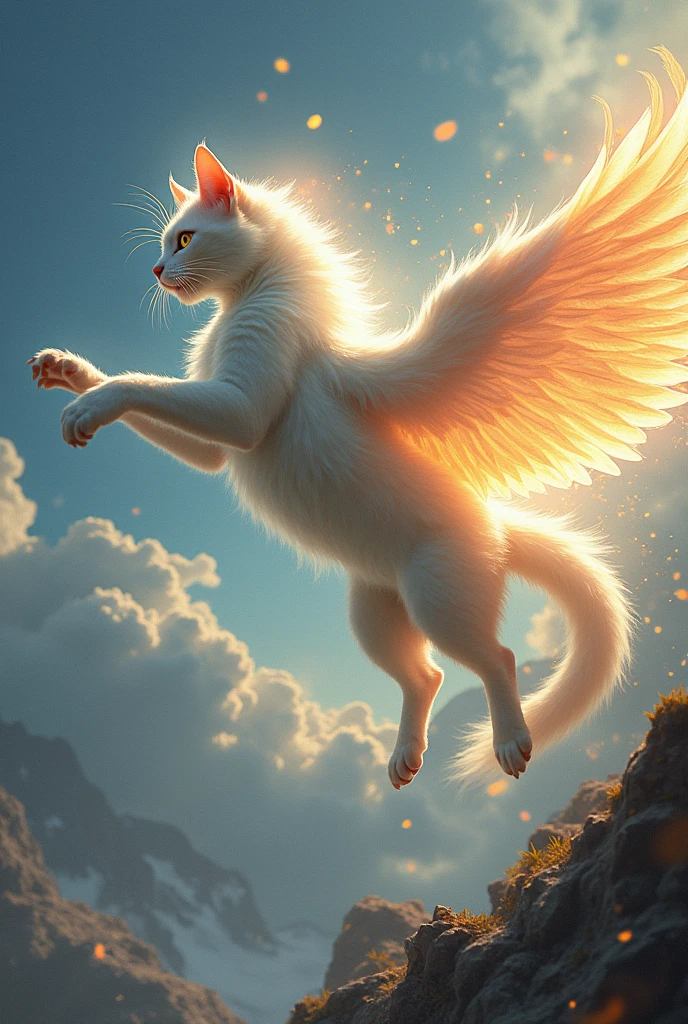 A cat in a flying pose with a phoenix aura