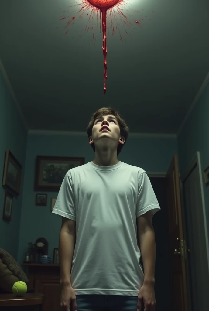 A 17 year boy wearing white tshirt and standing in his drawing room. Look up to the roof blood drops falling from the roof on his tshirt.. a tennis ball laying on the floor . Make his face visible . Make the whole room visible