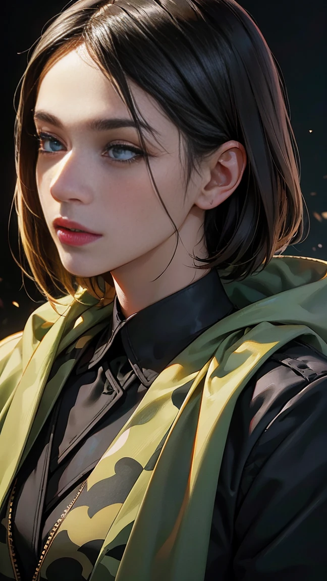 anime style, beautiful detailed eyes, beautiful detailed lips, extremely detailed eyes and face, long eyelashes, 1 woman, military woman, black short hair, black eyes, black clothes, camouflage, coat, indifferent facial expression, doctor, best quality, 4k, 8k, highres, masterpiece:1.2, ultra-detailed, realistic, photorealistic, photo-realistic:1.37, HDR, studio lighting, ultra-fine painting, sharp focus, physically-based rendering, extreme detail description, professional, vivid colors, portraits