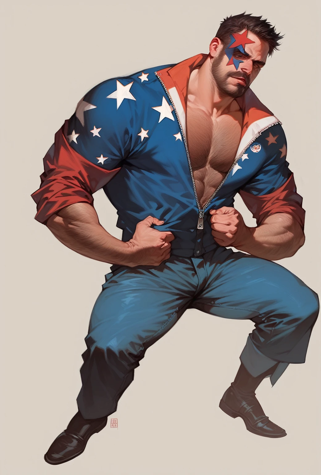 muscular mature man with open zipper, confident face, detailed face, detailed body, short hair, realistic, manly face, hairy body, full body, open legs, lumberjack