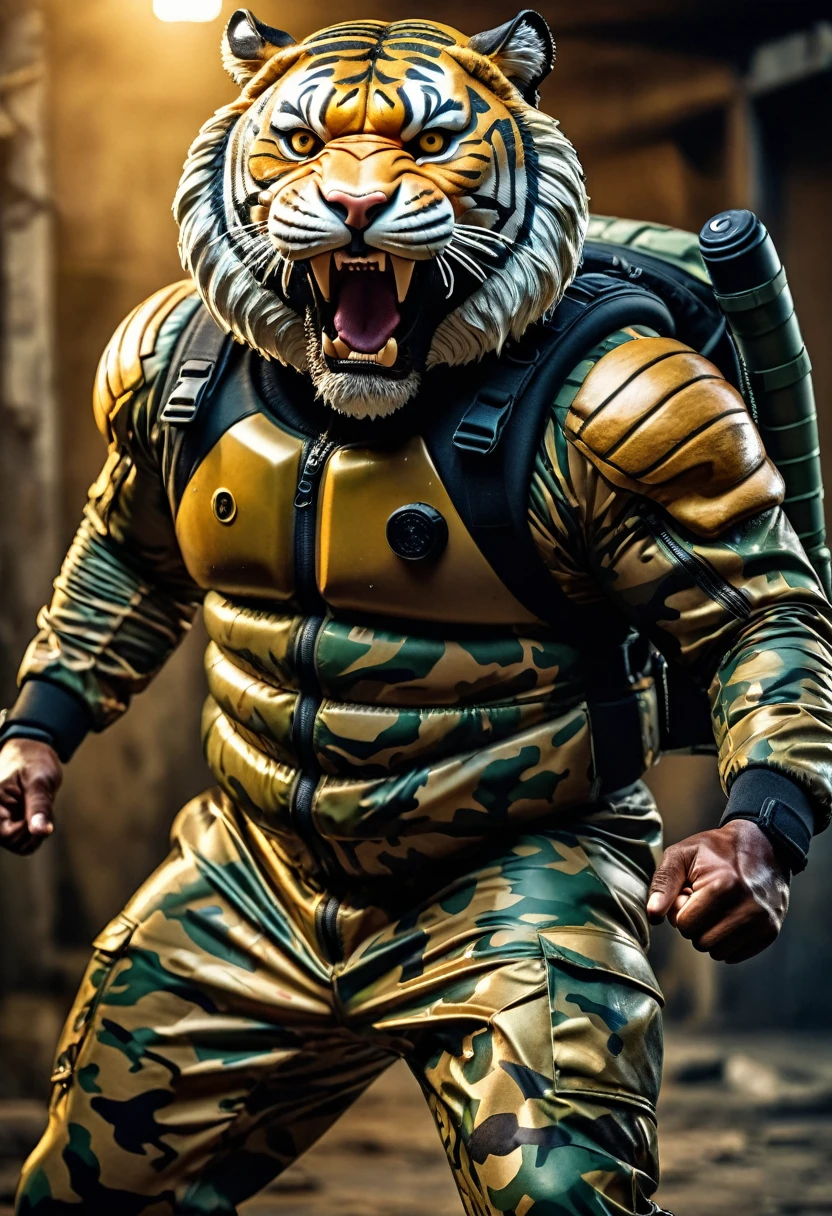 (a dark-skinned bearded fat muscular old man in a bulky army camouflage zipper diver suit) carrying a gun, (wearing realistic roaring tiger mask), dynamic action pose, fierce expression, showcasing an imposing stature, surrounded by military elements, dramatic shadows and intense highlights, cinematic color tones, high detail, powerful, art influenced by Bruce Onobrakpeya and Stanley Artgerm, ultra-detailed, best quality image, action-packed atmosphere. raising fist pose