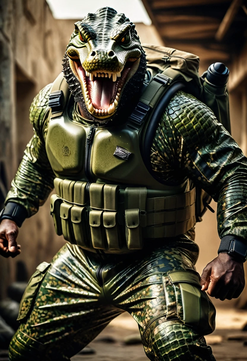 (a dark-skinned bearded fat muscular old man in a bulky army camouflage zipper diver suit) carrying a gun, (wearing realistic roaring crocodile mask), dynamic action pose, fierce expression, showcasing an imposing stature, surrounded by military elements, dramatic shadows and intense highlights, cinematic color tones, high detail, powerful, art influenced by Bruce Onobrakpeya and Stanley Artgerm, ultra-detailed, best quality image, action-packed atmosphere. raising fist pose